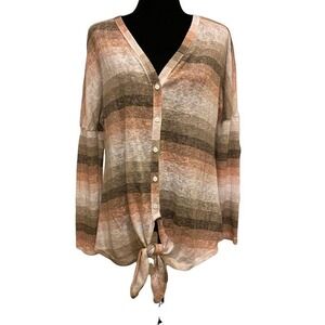 Andree by Unit‎ Striped White, Pink, Gray Top with Center Tie